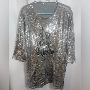 Birthday sequin/jersey t-shirt dress, size: 2XL, color: silver/grey